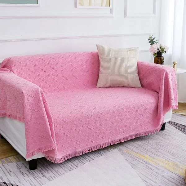 Fyrsäsongs bomullsfilt, enkel kudde soffhandduk, mode lunchfilt (rosa, 90x150cm)