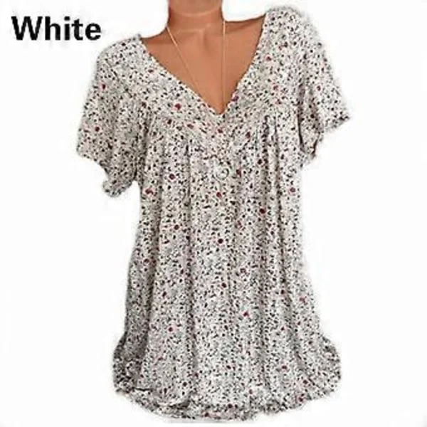 Dam Plus Size Tryckt Kortärmad T-shirt V-ringad Topp Sommar Ledig Lös (2XL vit)