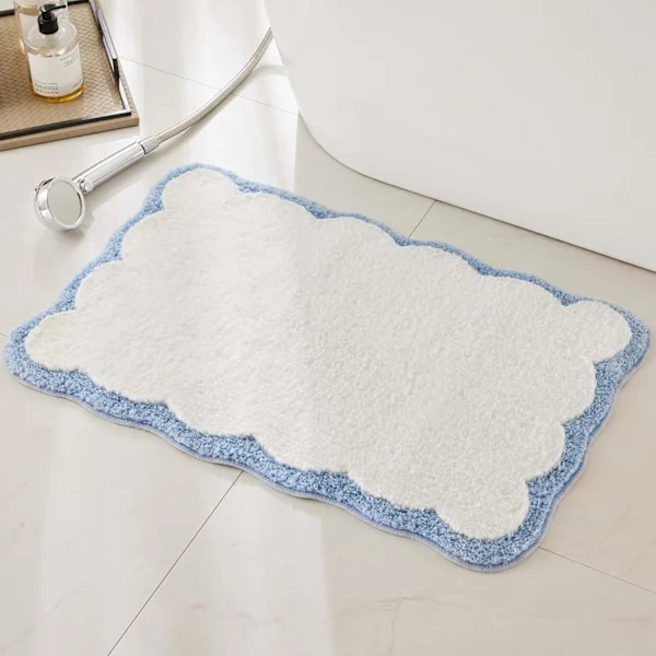 1 pc Blue Microfiber Bathroom Rugs, White Bath Mat with Blue Wavy Edge Cute Aesthetic Preppy Bathroom Mat for Bathroom