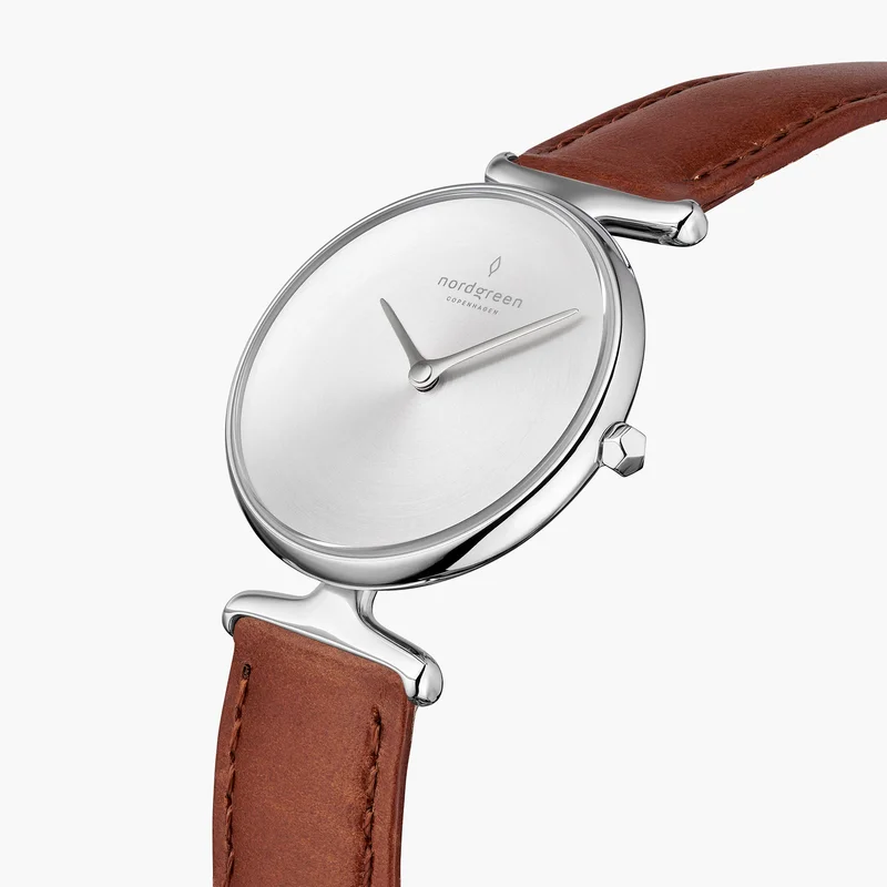 Nordgreen Best Women's Slim Designer Watch - Silver Case - Brushed Metal Dial - 28mm Brown Leather Strap White Dial Unika