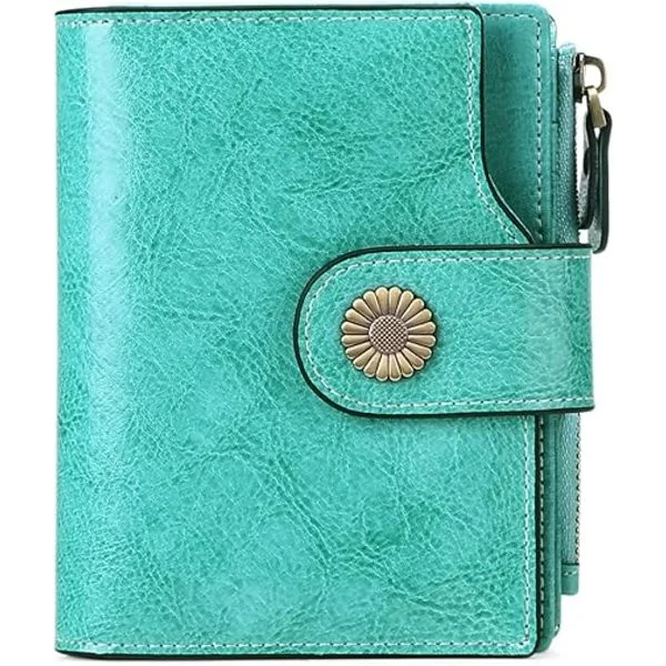 Short women's genuine leather wallet with RFID protection, 16 card slots including 2 ID windows and 1 zip pocket