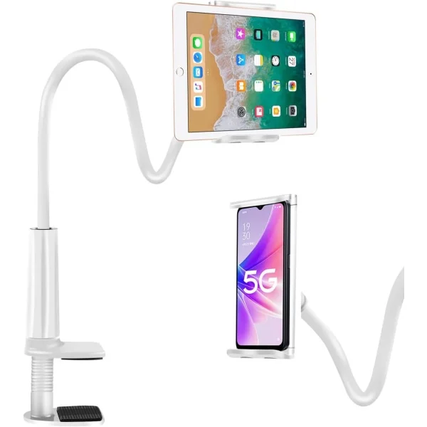Säng iPad-hållare Stativ Skrivbordsfäste klämma 30 tums flexibel armklämma för iPad Mini Air Galaxy Tabs Nintendo 4-10,5" enheter Vit