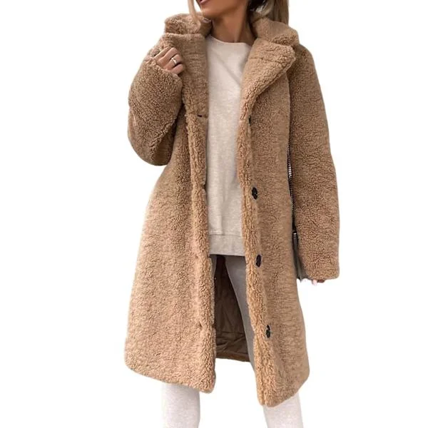 【BEMS】Dam Trenchcoat Plysch Tjockare Kappa Höst Vinter Enkelknäppt Teddyjacka Lång Modell Ytterkläder Streetwear Khaki