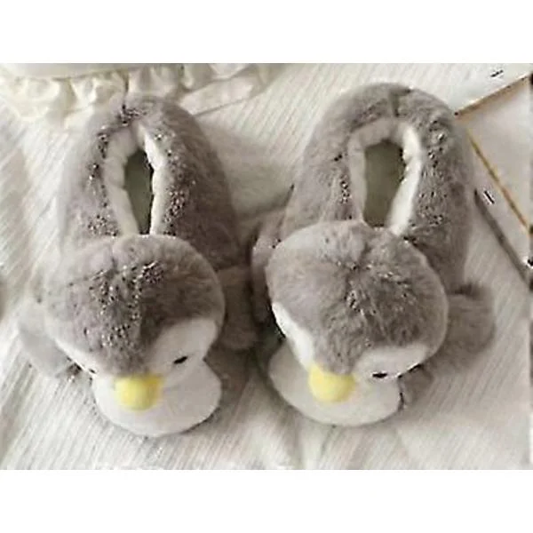 Winter Warm Cartoon Little Penguin Cotton Slippers Package with Non-Slip Thick Wool Slippers for Indoor Use Gray