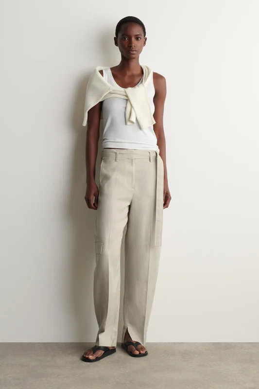 COS Damen Leinenhose Mit Barrel-Bein Und Gürtel - Beige