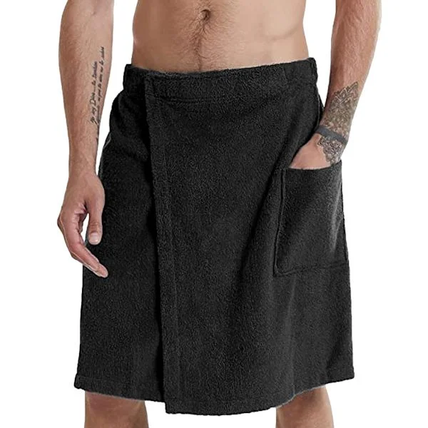 Justerbar badehåndklæde-kilt til mænd - Bærbar håndklæde-kilt med lomme til fitnesscenter, brusebad, sauna, spa og strandtøj sort M Black—yux