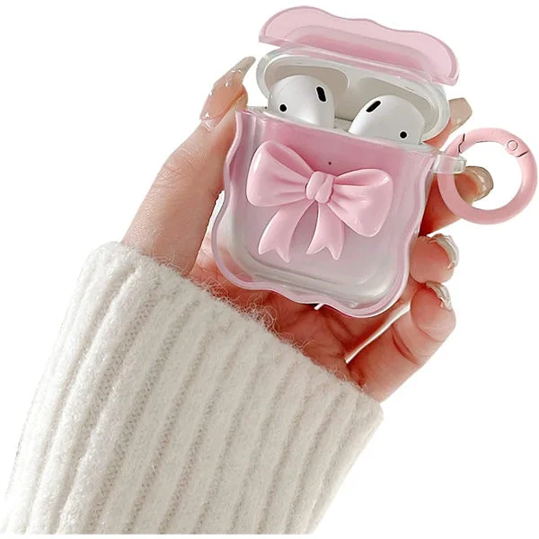Kompatibel med AirPods Skal Mjukt Transparent TPU med Söt 3D Färgstark Rosett Design Stötsäkert Nyckelring Skal för Flickor Kvinnor Airpods 2 & 1-Rosa
