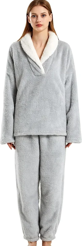 Dam Pyjamas Varmt Fleece Pyjamasset Vinter Mjuka Dam 2-Delat Nattkläder Loungewear Set Långärmad Topp och Termiska Byxor Pjs Sovkläder
