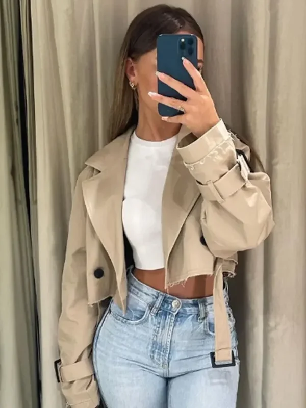 AliExpress - Trench court avec ceinture pour femme, veste de printemps, Vintage, Streetwear, Double boutonnage, manches longues, manteau féminin, 