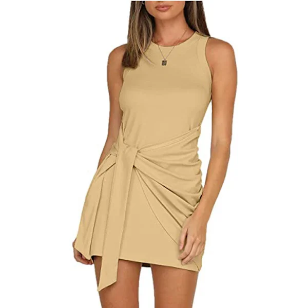 2023 Damer sommar Casual ärmlös strandtankklänning Bodycon Ruched miniklänningar Khaki