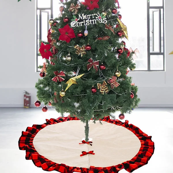 Gingham Christmas Tree Skirt in Hemp - Red Black 120cm, Christmas Tree