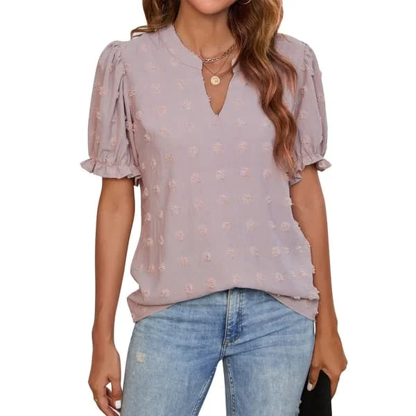 Dame Chiffon Casual Sommer Topp Puff Kort Erm V-hals Sveitsisk Prikk Pom Bluse Lys Lilla Arbeid Reise Fest