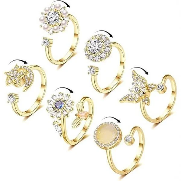 6 stk. Fidget Angst Ringe Justerbare Ringe Sæt Justerbare Ringe Fidget Ringe Damp Perlehalskæde, Stabelbare Guld