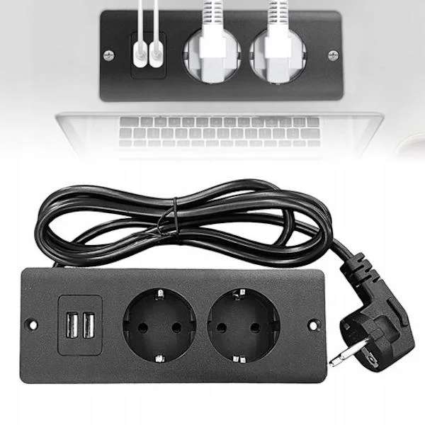 4-i-1 stikkontakt - Sort - 2 stikkontakter, 2 USB A-porte - 1,5 m kabel - Holdbar og med flere sikkerhedsfunktioner - Skjult monteringsdesign