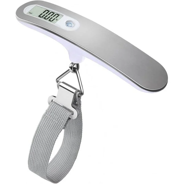 Bærbar digital bagasjevekt - Elektronisk hengevekt for bagasje - 50 kg - Bakgrunnsbelyst med tarafunksjon - Lettvekt - Sølv