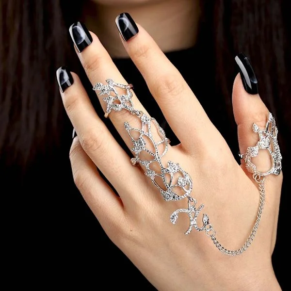 Finger Ring Hand Chain Silver Knuckle Ring Armband Punk Leaf F