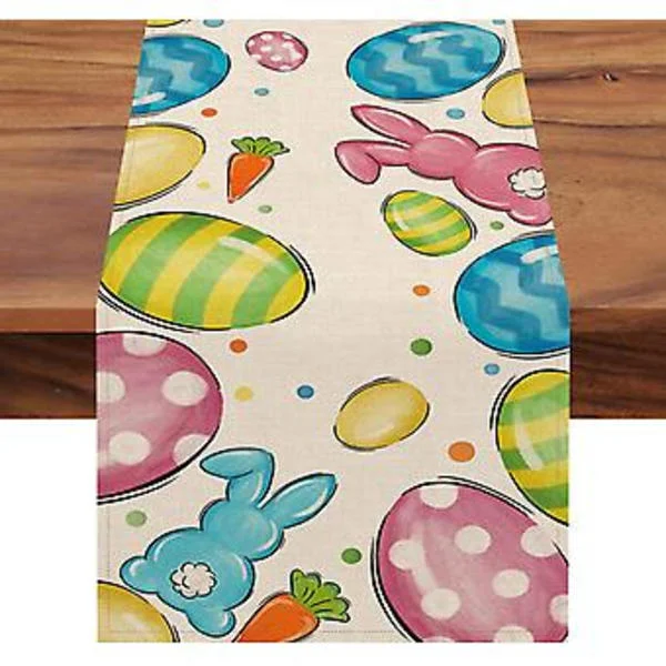 Påskägg Kanin Dukskydd, Rolig Kanin Morot Söt Köksbord Dekoration, Färgglada Polka Dot Vår Burlap Heminredning Inomhus Utomhus Semesterfest Sup