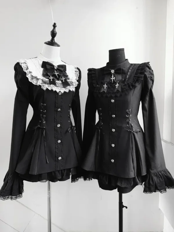 AliExpress - Y2k Ästhetisches Lolita-Stil Schleife Kleid Shorts Set Japanische Frauen Gothic Spitze Flare Ärmel Knopf Hemd Kleid Punk Party Minikleid