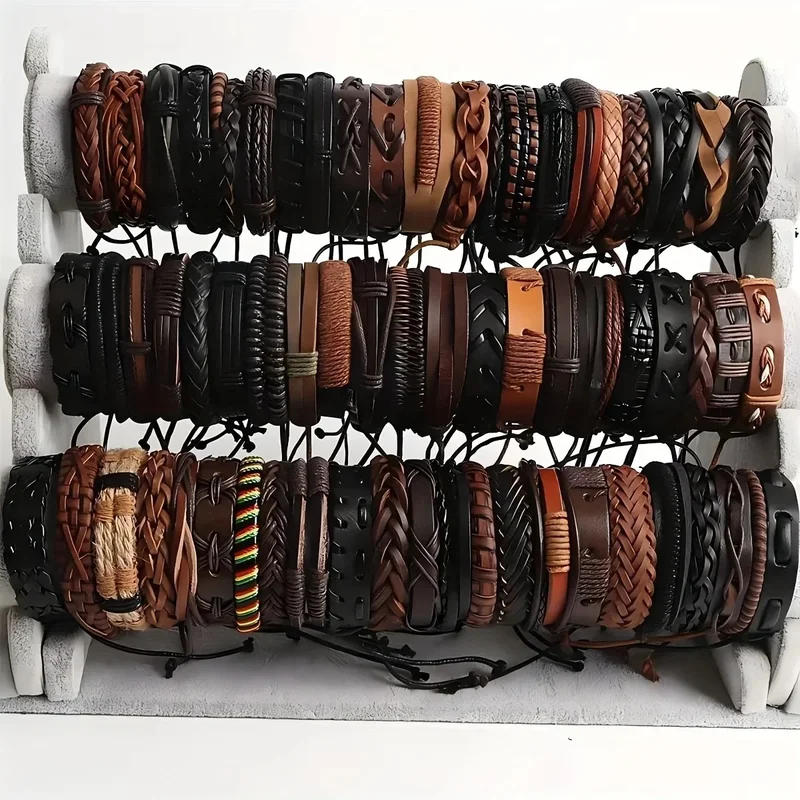AliExpress - 20 pièces Bracelets en cuir tressé pour hommes femmes envelopper perles de bois manchette Bracelet cordons de chanvre ethnique Tribal 