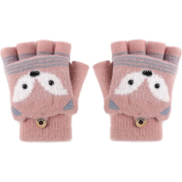 Hansker med knapper, fingerløse barnehansker, vinter, varme strikkede hansker, plysjfôr, kaninlook vinterhansker, én størrelse passer alle