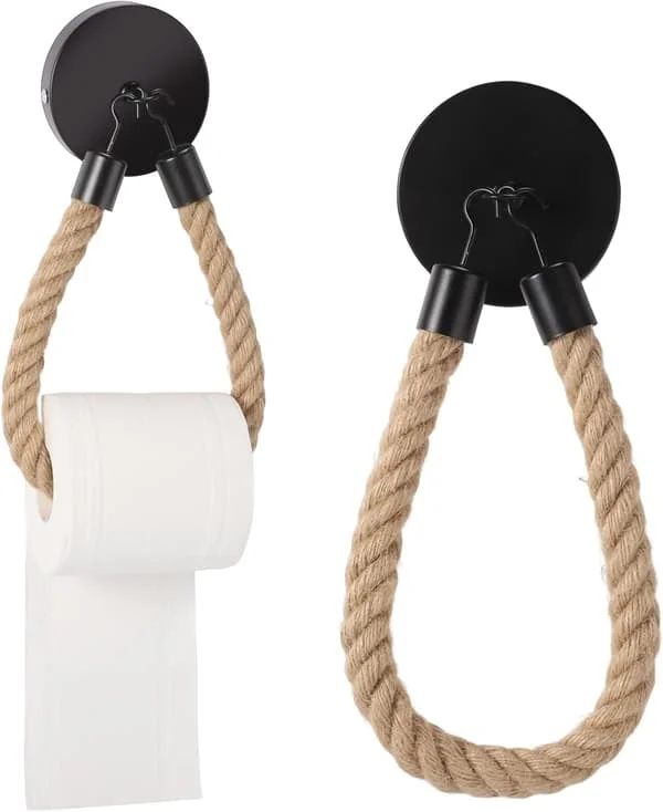 1 pc Rope Wall Mounted Toilet Paper Holder, Toilet Paper Holder, Vintage Metal and Hemp Rope (Black)-FX-