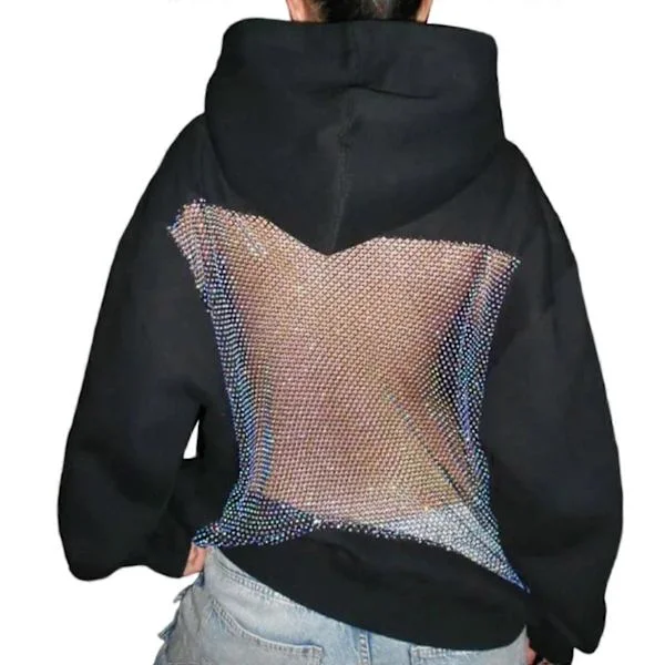 [KK] Dame Crystal Mesh Ryghættetrøje Oversized Sweatshirts Afslappet Langærmet Pullover Sweater Vinter Efterårsoutfits Gave Hvid XXL
