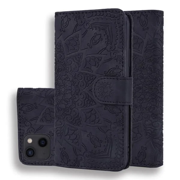 iPhone 16 Pro Max Mandala Pr präglat Dubbelvik Fodral Kalvskinn - Elegant och Skyddande Skal