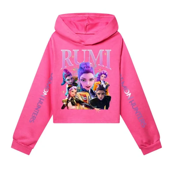 KPOP Demon Hunter Girls Cropped Hoodie med tryckta ärmar - Rosröd XX Rose Red XX-FF- Rose Red XX[TT]