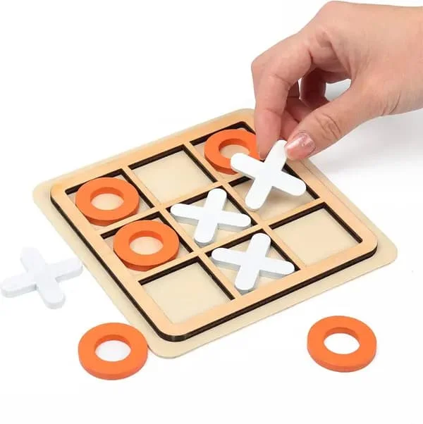 Tic Tac Toe Brädspel i Trä, Pedagogisk Pusselleksak för Barn, Familj, Resor, Blå