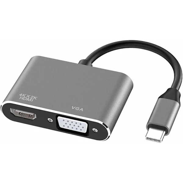 USB C till HDMI VGA adapter, 2 i 1 typ C till HDMI 4K, VGA 1080P kompatibel med MacBook Pro/Air 2020 2019, iPad Pro, Surface, grå