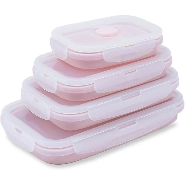 Set med 4 hopfällbara matlådor i silikon BPA-fria, för mikrovågsugn, frys och diskmaskin - Rosa-Bra
