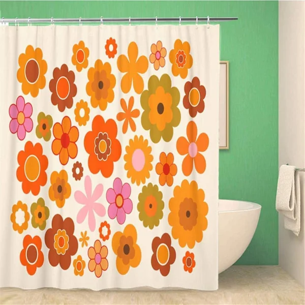 Orange Vintage Duschdraperi Gröna Blommor Retro Årtal Vattentätt Polyester Badrumsinredning Draperiset med Krokar 180x180cm