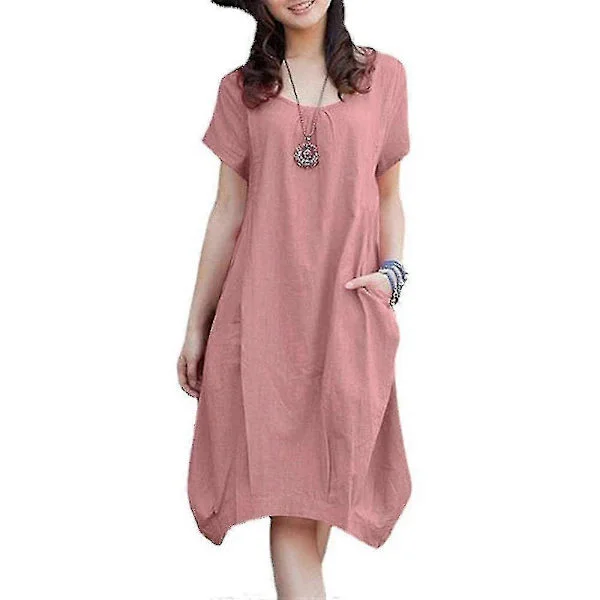 Rosa 5XL Dam Sommar Kortärmad Bomull Linne Look T-shirt Klänning Casual Lös Lång Tunika Toppar Plus Storlek
