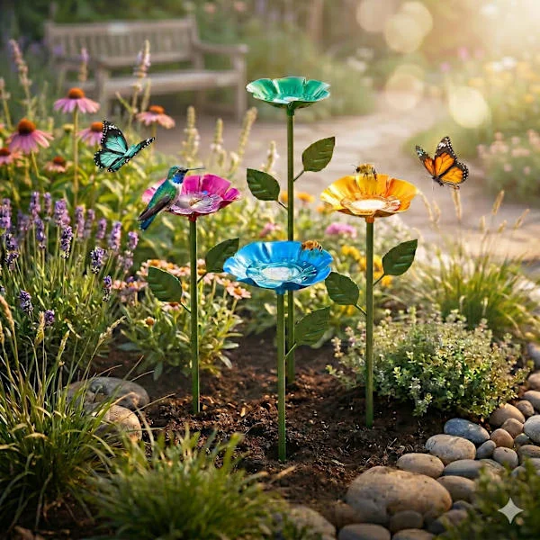4-pack bi-vattenstation för trädgården, färgglatt bi-bad i metall med blommor, dekorativ design lockar bin och fjärilar