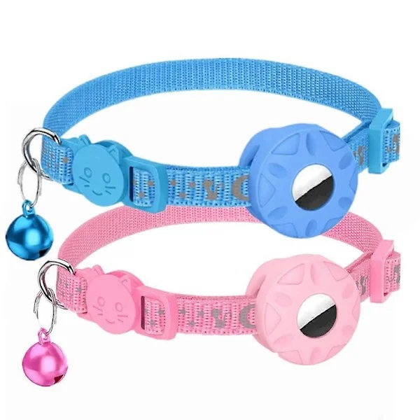 2 Airtag Starmoon Katt Halsband (blå+rosa, exklusive Airtag), kattspecifikt halsband med säkerhetsbälte och vattentätt luftetiketthållare, 1cm brett, 