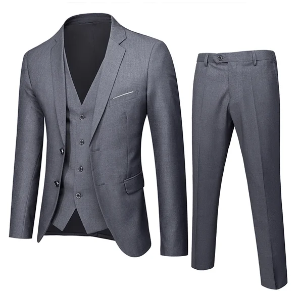 【BQ】Herre Slim Fit Jakkesæt, Ensfarvet Blazer, Vest, Bukser, Grå, Grå