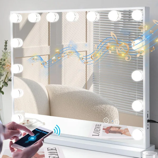 FENCHILIN Hollywood sminkbordsspegel med lampor Bluetooth bordsskiva väggmontering vit 58 x 46 cm