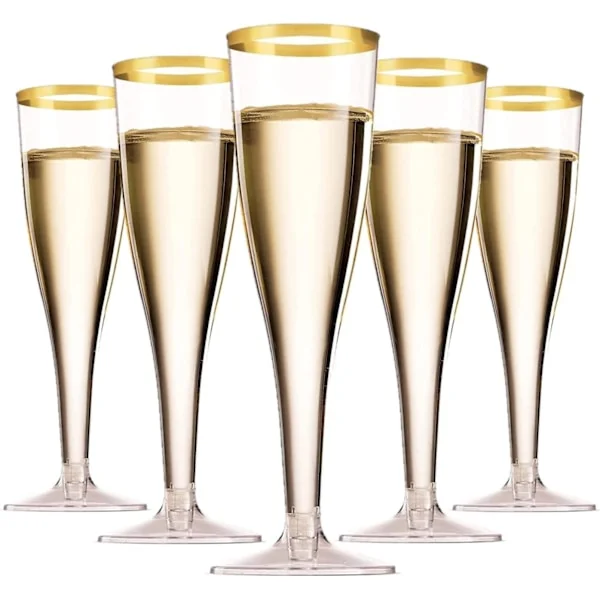 50-pakning champagneglass med gullkant 150 ml, gjenbrukbare champagneglass med fot for hagebryllup, dagsfester, babyshower (5 x 17 cm)