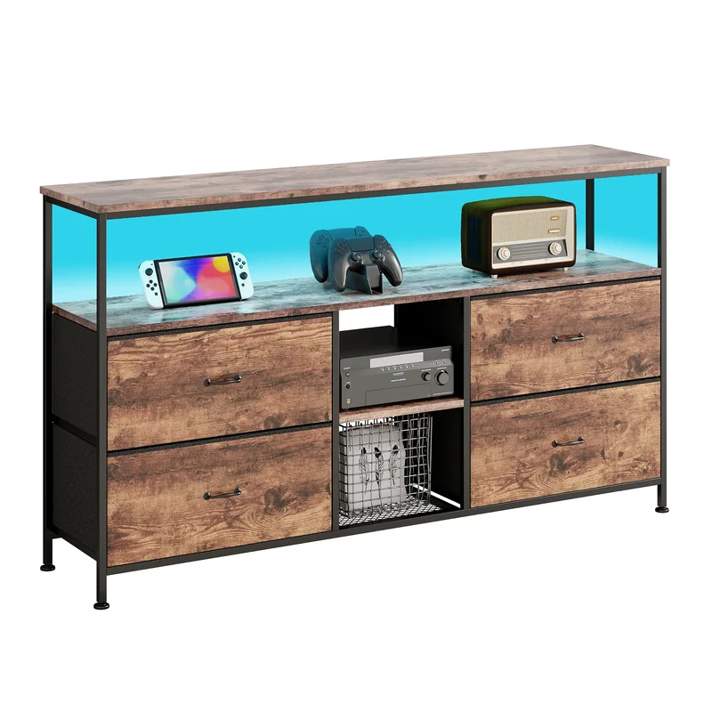 AliExpress - TV-Möbel, TV-Halterung, 55-Zoll-Fernseher, TV-Tisch mit 4 Holzschubladen und Ablagefächern, Stahlrahmen, in