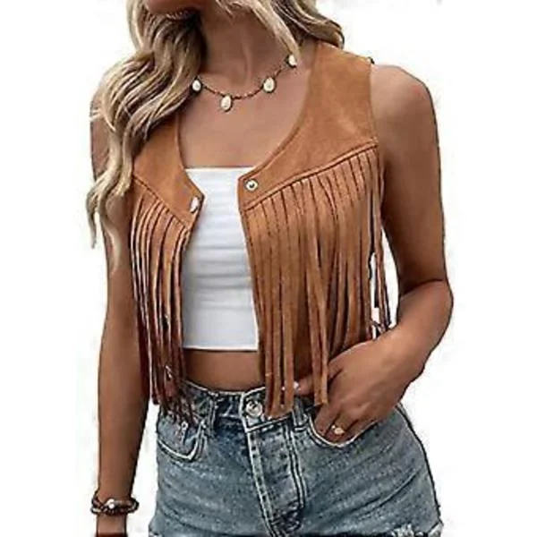 Frynsväst Dam Vintage Faux Suedes Öppen Fram Väst Ärmlös 70-tals Hippie Kläder Bohemiska Western Jackor Västar Kamel S Camel