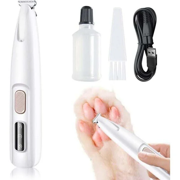 Hunde-klippemaskine, hunde-trimmer, hunde- og katte-shaver, lav støj, vandtæt og genopladelig kæledyrs-poteklipper med LED-lys til katte og andre dyr