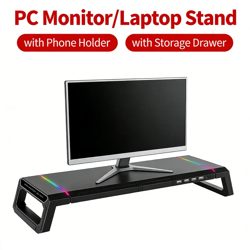 AliExpress - RGB Computer Support Desk Monitorstandaard met opberglade Telefoonhouder USB 2.0/3.0 Interfacepoorten Desktop Organizer Plank