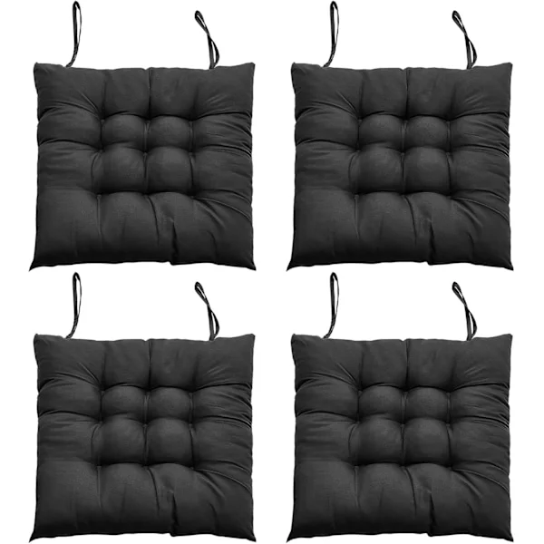 4 stk. Siddehynder til Spisestole 40 x 40 cm Komfortable Spisestolehynder, Køkkenstolehynder med Bindebånd Sort