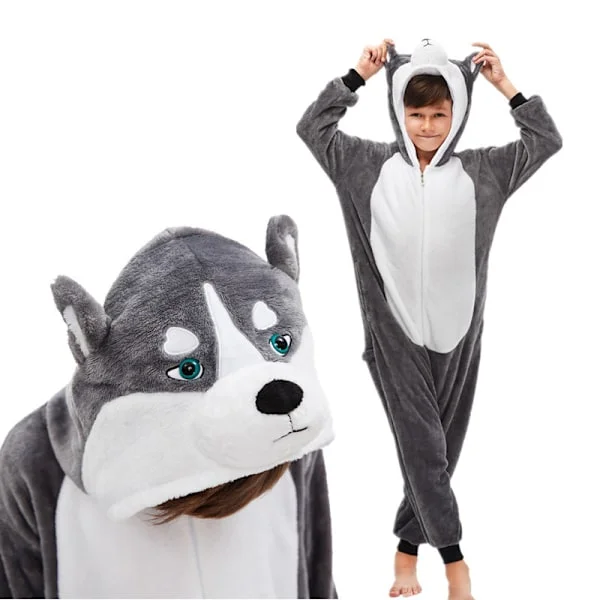 Fleece barnekostyme tiger onesie pysjamas jul halloween dyr cosplay pysjamas kostyme Grå Husky 130 yards