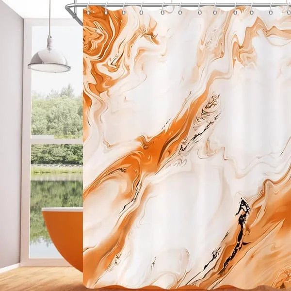 Shower Curtain - 180x200 cm - Gradient Chinese Ink Marble Pattern - Modern Abstract Art - Waterproof Fabric - Machine Washable - Hooks Included Orange