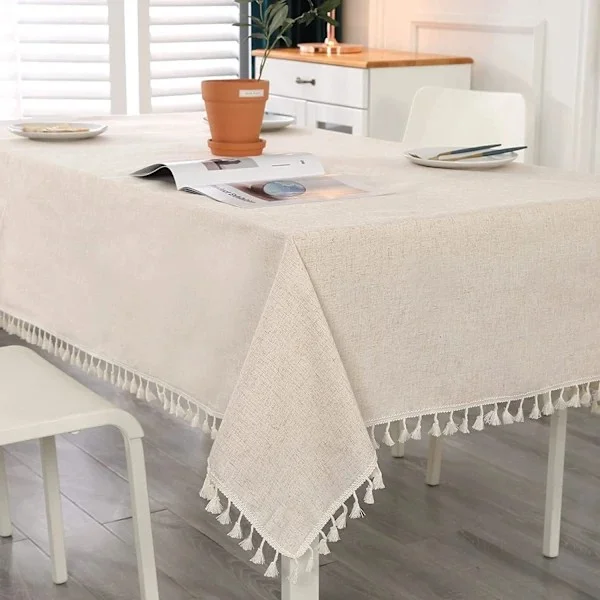 Beige Firkantet Dug Pletafvisende Vaskbar Bomuld og Hør Dug med Kvast, Bordlinned, 140 x 140 cm