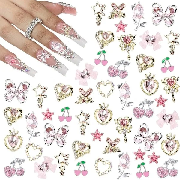 24 st Nagel Smycken Y2k Legering Nagelkonst Strass Smycken 3D Hjärta Stjärna Rosett med Strass Körsbär Nagel St,TH