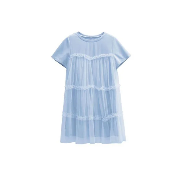 Mesh Panel Dam Sommar Elegant Rund Hals Kort Ärm Enfärgad Lös Klänning