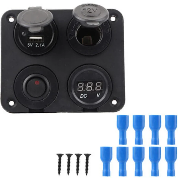 12V 4-veis LED-vippebryterpanel Sigarettenner Voltmeter Dobbel USB 4.2A for Bil Båt Rød