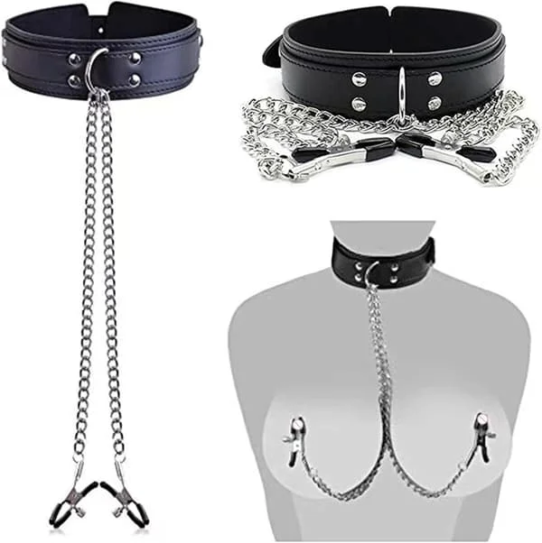 Sexleketøy for par kvinner menn svart halsbånd og brystvorteklemmer metallklips rustfritt stål ikke-piercing brystvorteklemmer ringer med choker kjede